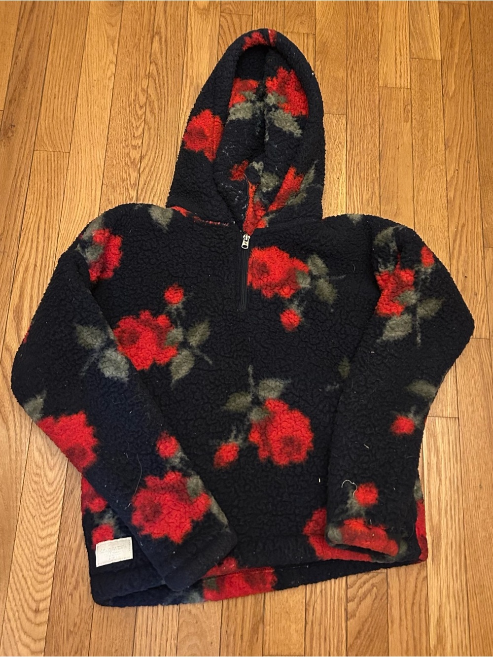 Abercrombie Kids Girls Black Red Rose Comfy Quarter Zip Fleece Sherpa Jacket